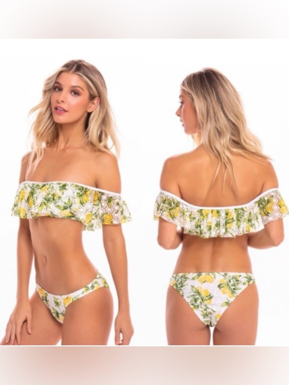 NWT Cabana del Sol Lemon Crochet Bikini Set Size Large Ruffle Off Shoulder Swim